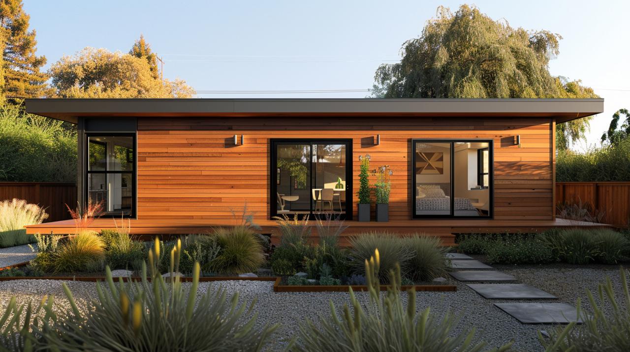 Custom home addition in San Jose features striking modern exterior with beautiful wood accent panels and contemporary architectural elements