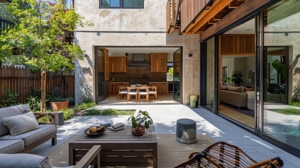 Skilled home addition contractors created this inviting outdoor living space with covered patio, comfortable seating, and a cozy fire feature