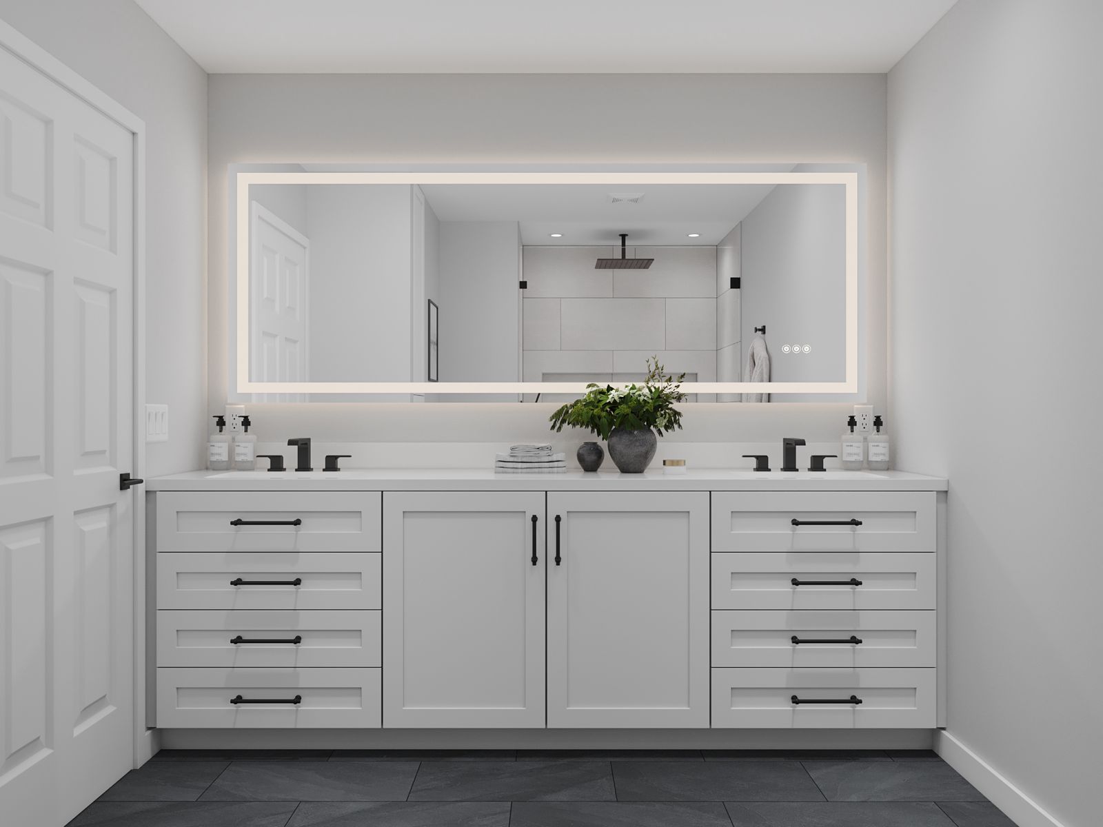Double sink white vanity with backlit mirrors and built-in storage in a contemporary remodel