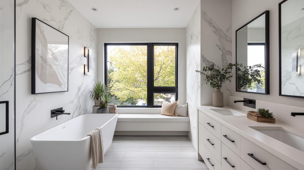 Sleek bath and shower remodel embraces minimalist aesthetic with floor-to-ceiling frameless glass enclosure, elegant freestanding tub, and white porcelain slabs.