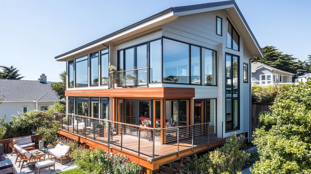 Stunning room addition in San Jose showcases contemporary two-story design with expansive deck and floor-to-ceiling windows