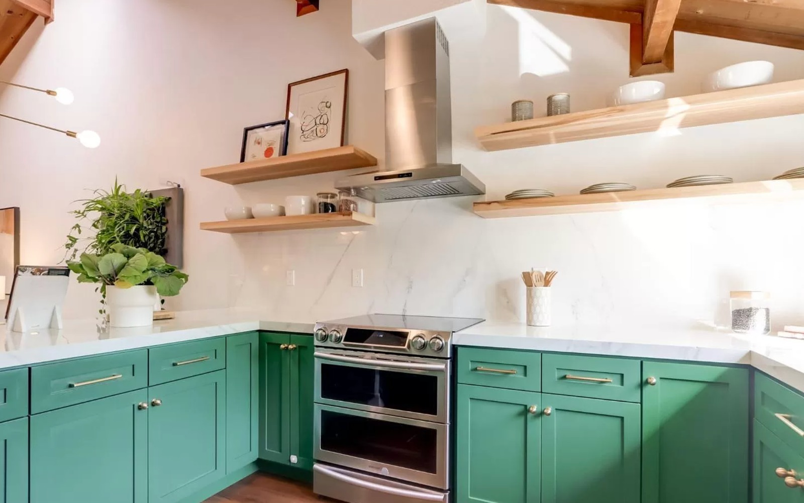 San Jose kitchen remodel featuring bold green cabinetry with natural wood open shelving and contemporary design elements